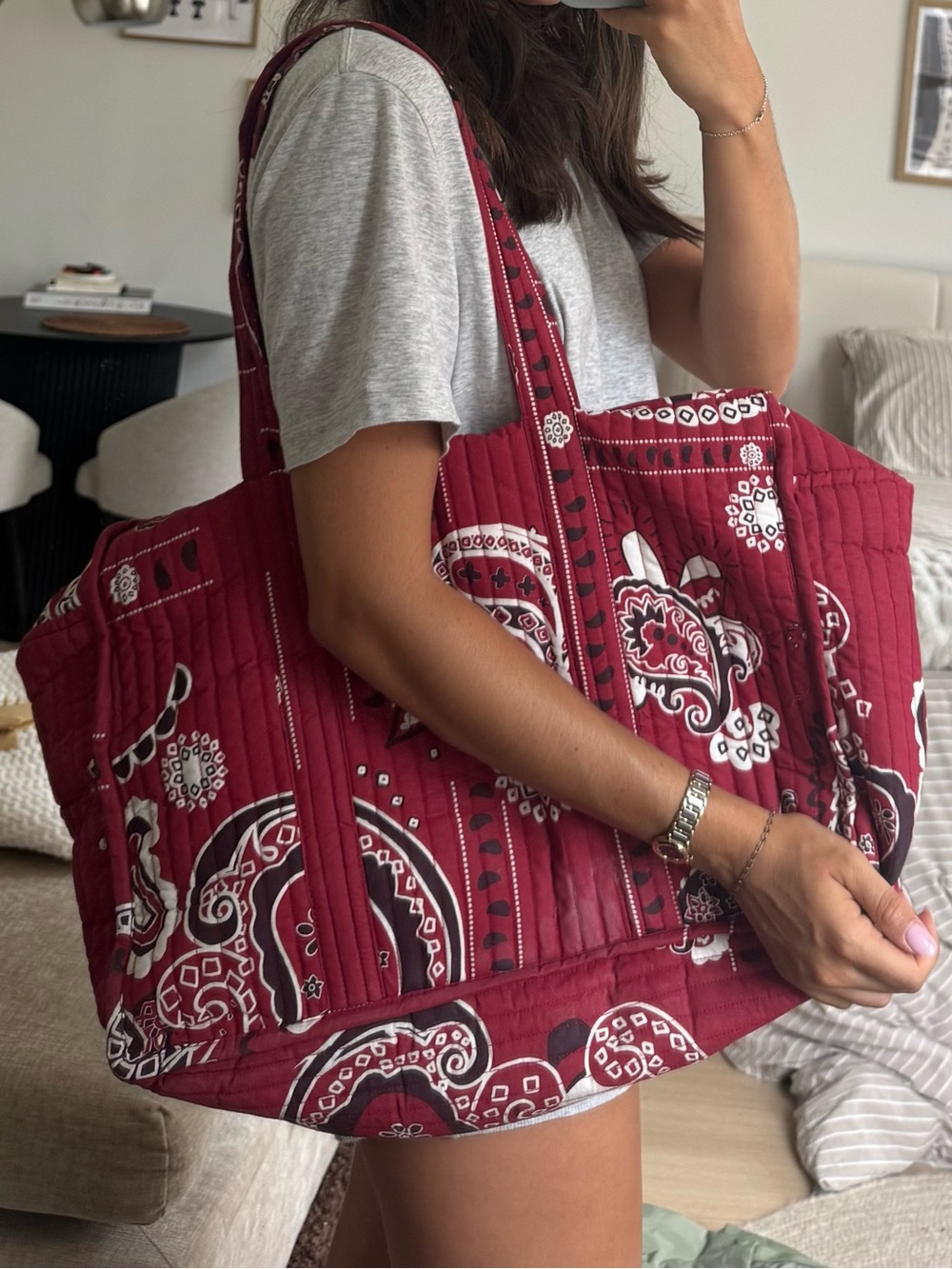 Zara Quilted Red Paisley Travel Tote